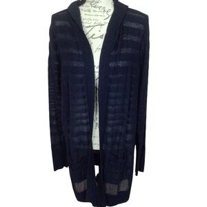 Woman’s Maurice’s Sheer Navy Striped Hooded‎ Pocket Open Front Cardigan